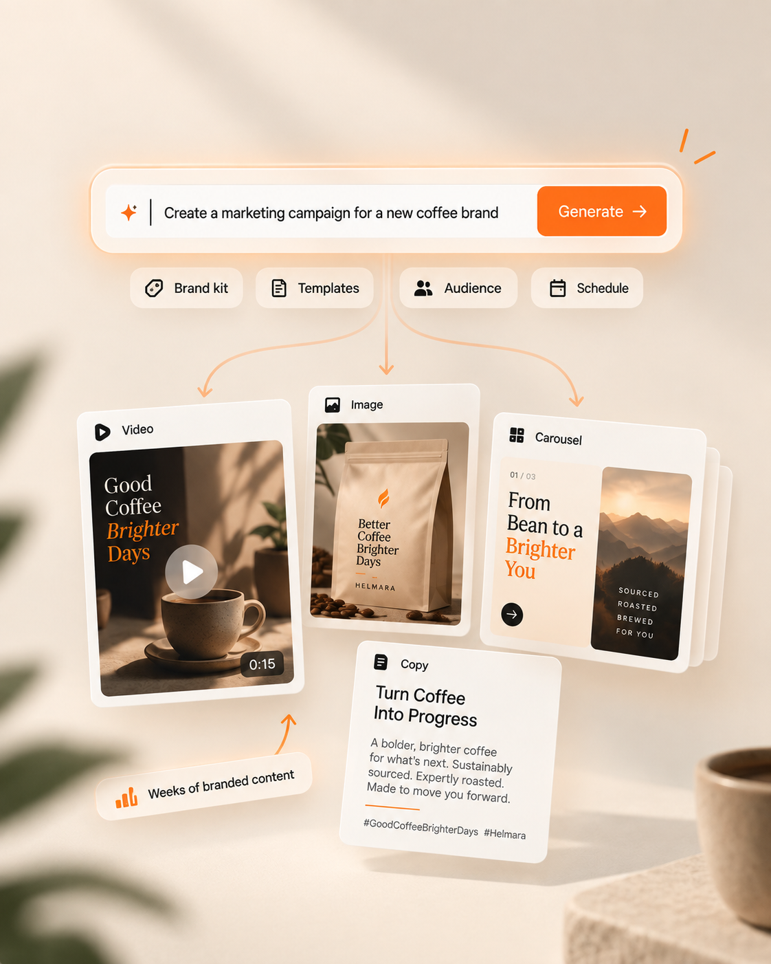 Content brief flowing into video, image, carousel and WhatsApp approval